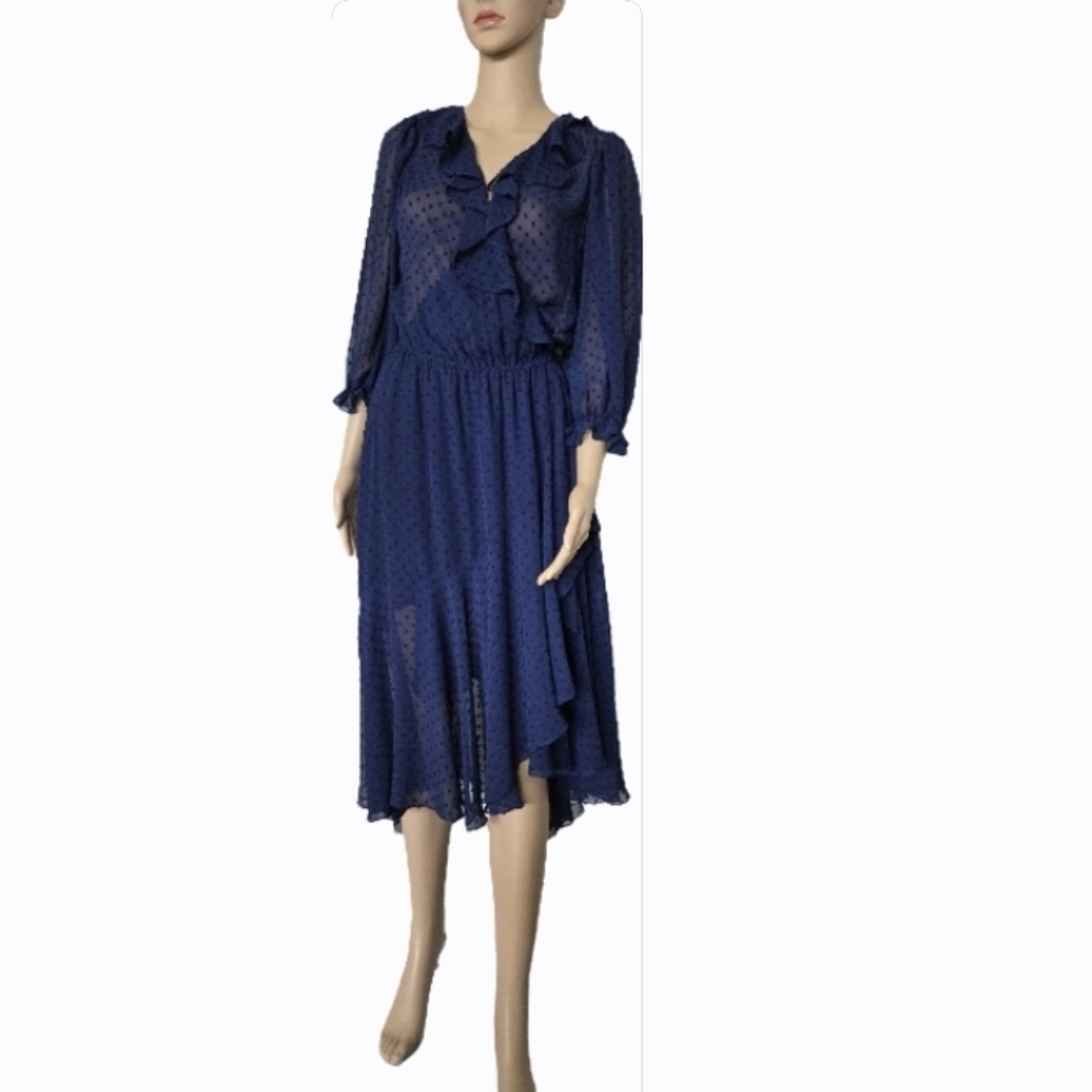 ICONS Blue Wrap Midi Dress with V-Neck and Bishop Sleeves S